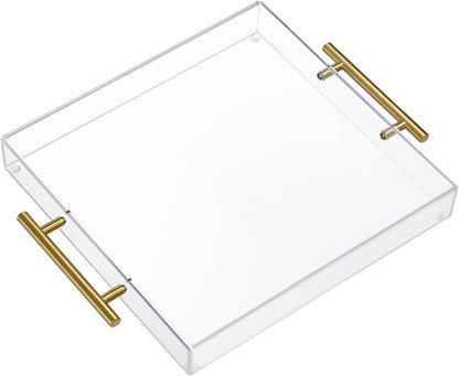 12"x16" Clear Acrylic Serving Tray with Golden Handles, Sturdy Huge Capacity Acrylic Tray for Coffee, Juice, Kitchen and Desk Organizer, Storage Tray (12"x16")