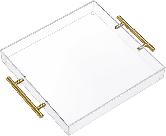 12"x16" Clear Acrylic Serving Tray with Golden Handles, Sturdy Huge Capacity Acrylic Tray for Coffee, Juice, Kitchen and Desk Organizer, Storage Tray (12"x16")