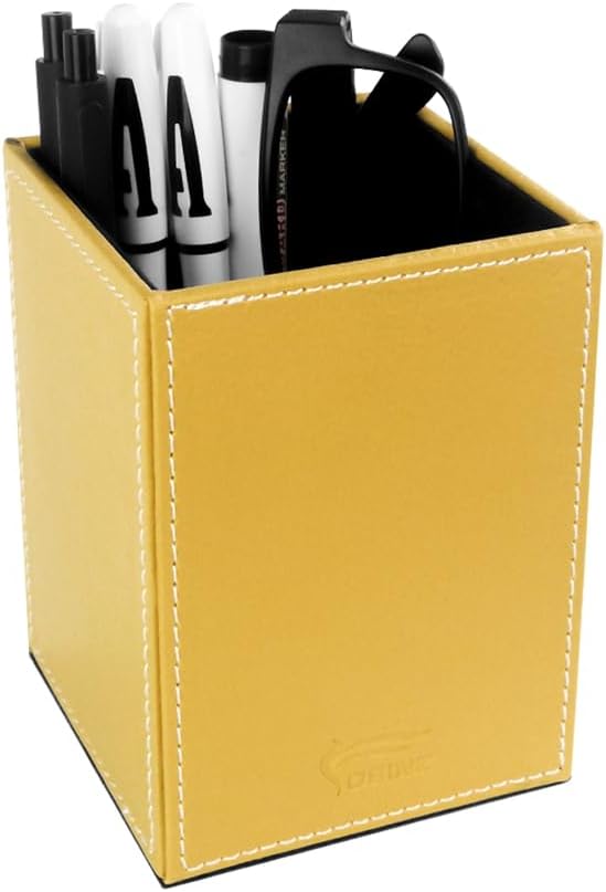 Leather Pen Holder, Brown Pencil Holder, Desktop Elegant Pen Holder for Desk, Stationery Organizer for School Office Home Dorm (3.3" x 3.3" x 4", Brown)