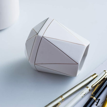 Ceramic Desk Cute Pen Holder Stand Gold Line Pencil Cup Pot Desk Organizer Makeup Brush Holder (White)
