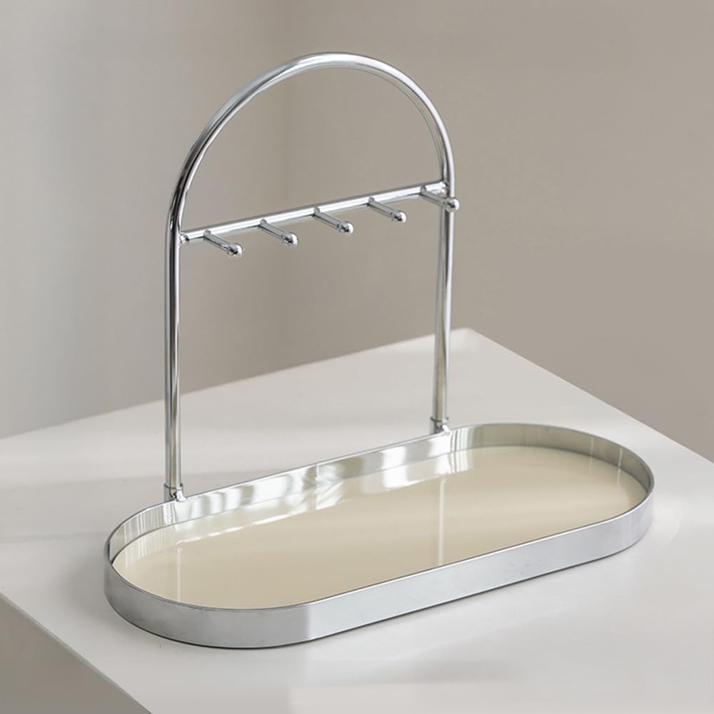 Shinpuru Metal Jewelry Organizer Stand & Key Holder Tray with Acrylic Base, Key Stand and Jewelry Tray with 5 Hooks, Perfect Key Bowl, Valet Key Tray, Ring Holder, Jewelry Dish (Silver Black)