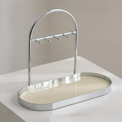 Shinpuru Metal Jewelry Organizer Stand & Key Holder Tray with Acrylic Base, Key Stand and Jewelry Tray with 5 Hooks, Perfect Key Bowl, Valet Key Tray, Ring Holder, Jewelry Dish (Silver Black)