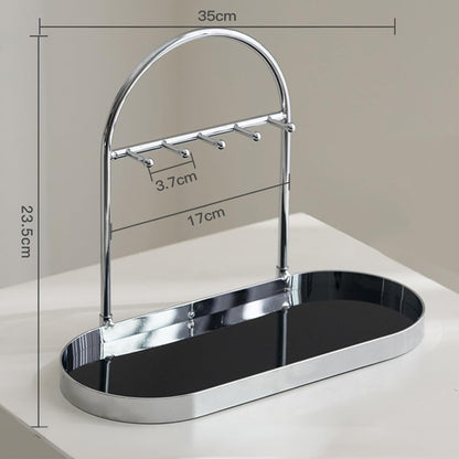 Shinpuru Metal Jewelry Organizer Stand & Key Holder Tray with Acrylic Base, Key Stand and Jewelry Tray with 5 Hooks, Perfect Key Bowl, Valet Key Tray, Ring Holder, Jewelry Dish (Silver Black)