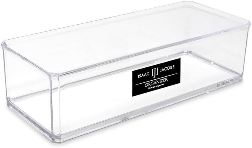 Isaac Jacobs Clear Acrylic Rectangular Stackable Storage Organizer, (9"L x 3.5"W x 2.5"H) Drawer Tray without Lid, Open-Top Organizer, Multi-Functional, Bathroom, Kitchen, Home, Office, Desk, Drawers