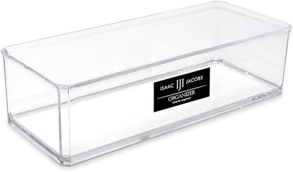 Isaac Jacobs Clear Acrylic Rectangular Stackable Storage Organizer, (9"L x 3.5"W x 2.5"H) Drawer Tray without Lid, Open-Top Organizer, Multi-Functional, Bathroom, Kitchen, Home, Office, Desk, Drawers