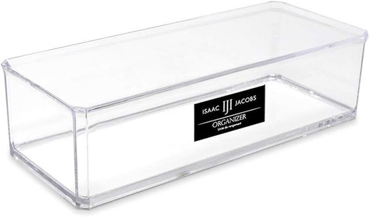Isaac Jacobs Clear Acrylic Rectangular Stackable Storage Organizer, (9"L x 3.5"W x 2.5"H) Drawer Tray without Lid, Open-Top Organizer, Multi-Functional, Bathroom, Kitchen, Home, Office, Desk, Drawers