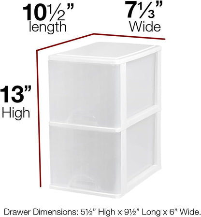 Plastic Small 2-Drawer Storage Organizer, Slim Narrow, White/Clear Crafts Drawers Storage Organizer (13"H x 10"D x 7"W)