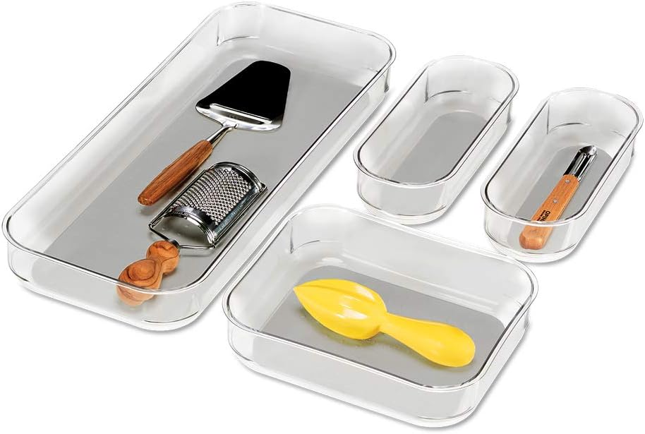 madesmart Premium 4 Piece Clear Bin Pack, Modular Storage Set for Office, Kitchen & Home, Soft Grip Lining & Non Slip Base, Grey