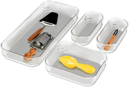 madesmart Premium 4 Piece Clear Bin Pack, Modular Storage Set for Office, Kitchen & Home, Soft Grip Lining & Non Slip Base, Grey