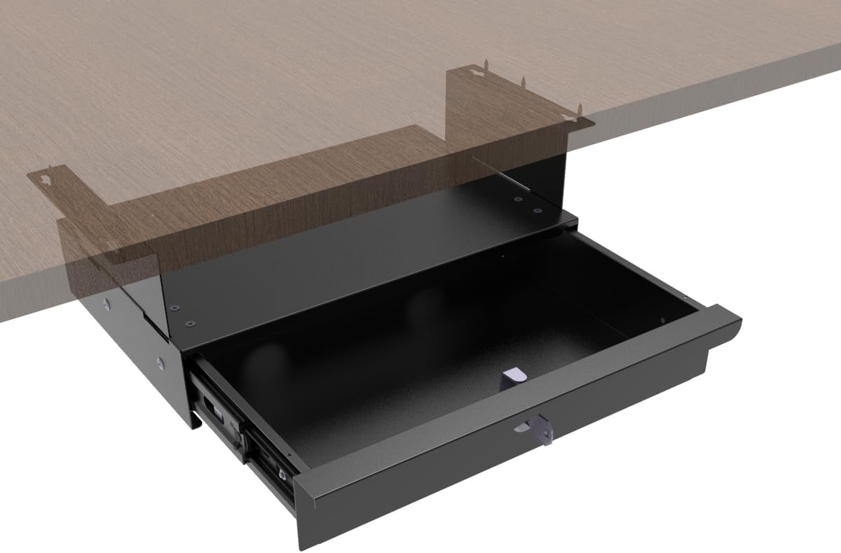 Under Desk Drawer Sliding Out Attachment with Shell, 15.6" x 10" x 5.07" Pull Out Lockable Drawer Storage Organizer with Cable Mangement for Workbench or Standing Desk with High Crosspiece