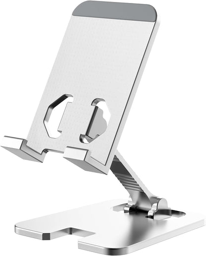 Amzpas Adjustable Cell Phone Stand Metal, Foldable Desktop Cellphone Stand with Anti-Slip Base and Convenient Charging Port, for Phone 17 16 15 14 13 12 11 Pro Xs Xs Max Xr X 8, All Phones
