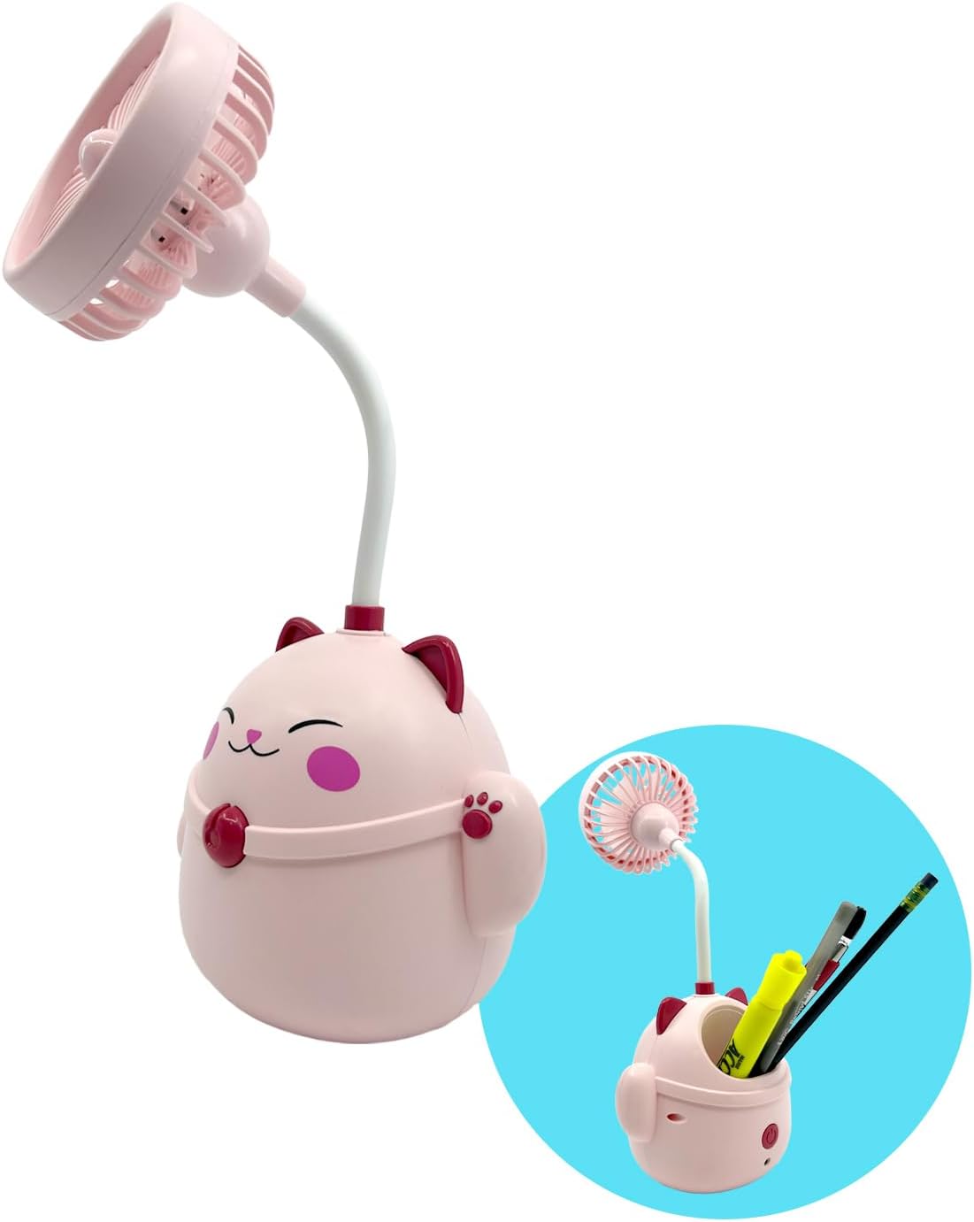Cute Pink Cat Desk Fan with Pen Holder — Cat Fan for Women, Animal Fan, Funny Office Accessories, Cat Lover Gift, Small USB Fan, Aesthetic Decor