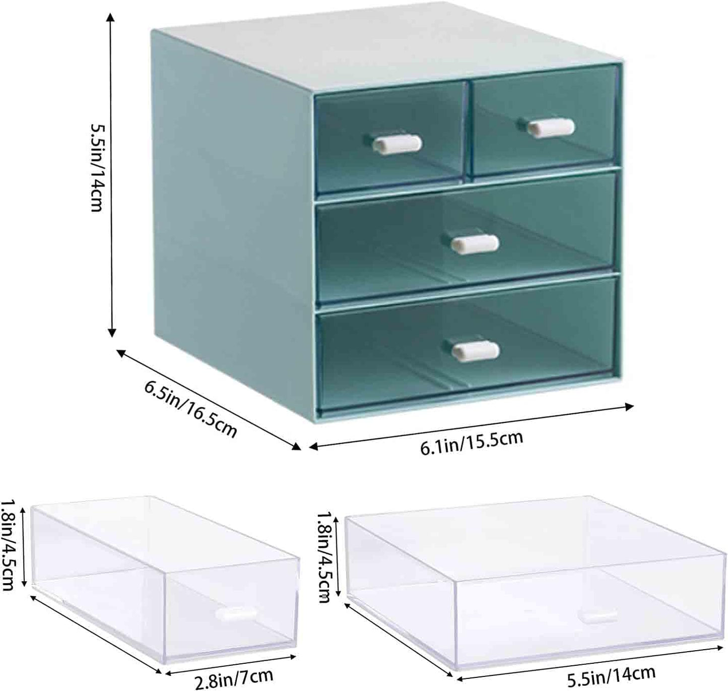 Desk Organizer with Drawer, Office Organizer with 4 Drawers, Desk Storage Box for, Desktop, Dressing table, Office, School, Home, Plastic Box and 4 Acrylic Drawers(White)