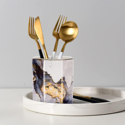WAVEYU Ceramic Pen Holder for Desk Cute, Pencil Cup Pot Desk Organizer, Makeup Brush Holder for Women, Men, Kids, Desk Marble Decor for Office, Classroom, Home, Gray Golden