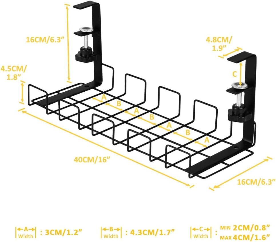 Baskiss Under Desk Cable Management Trays 2 Pack, 16" Clamp Mounted Cord Organizer Holder Wire Organization No Drill Holes Needed for Computer Home Office Standing Tables to Conceal Power Strips