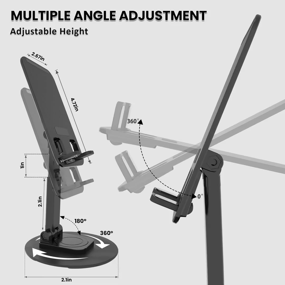 Cell Phone Stand, Adjustable Phone Holder 360° Rotation Fully Foldable Desktop Dock Compatible with iPhone 16 15 14 13 Pro Max Android Smartphone E-Reader Tablets (Black)