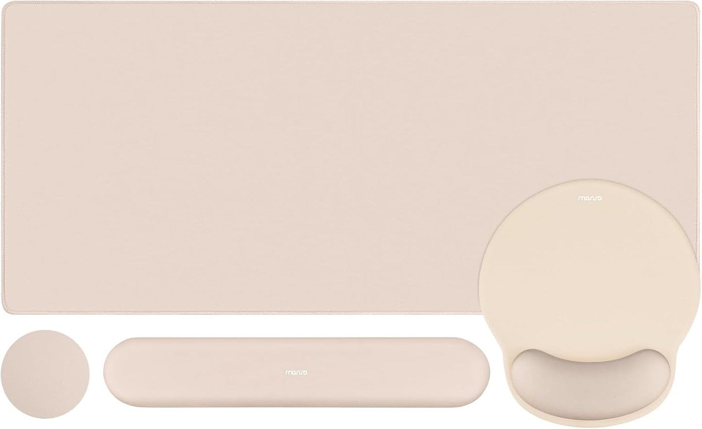MOSISO Wrist Rest for Keyboard Mouse Pad Set, Large Gaming Deskpad&Circle Curved Mousepad&Keyboard Wrist Rest&Coaster, Ergonomic Non-Slip Mousepad&Easy Typing Pad with Silicone Lining, Apricot