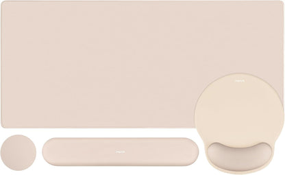 MOSISO Wrist Rest for Keyboard Mouse Pad Set, Large Gaming Deskpad&Circle Curved Mousepad&Keyboard Wrist Rest&Coaster, Ergonomic Non-Slip Mousepad&Easy Typing Pad with Silicone Lining, Apricot