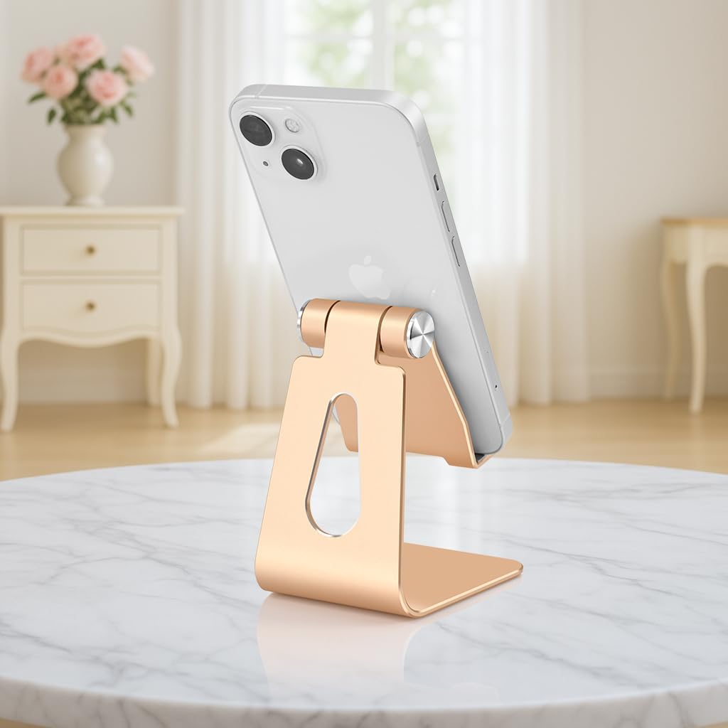 Adjustable Aluminum Alloy Cell Phone Stand, Tabletop Metal Phone Holder,Desktop Phone Dock,Smartphone Cradle,Gold