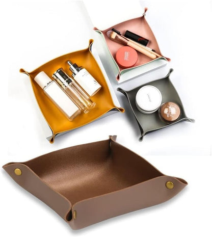 Leather Travel Tray, Valet Tray, Stylish Folding Travel Organizer Tray for Women and Man, Jewelry Tray, Wallet Tray, Key Tray for Entryway Table and Dresser Nightstand Trays (Light Green&Pink)