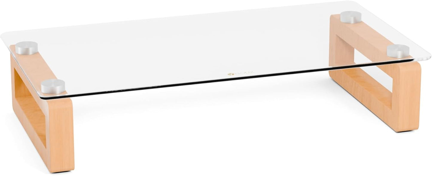 YEOUX Multi-Purpose Desktop Stand, Clear Floating Computer Monitor Riser with Natural Wood Base, Desk Organization Shelf for Printer, Laptop, Audio Device, Flat Screen