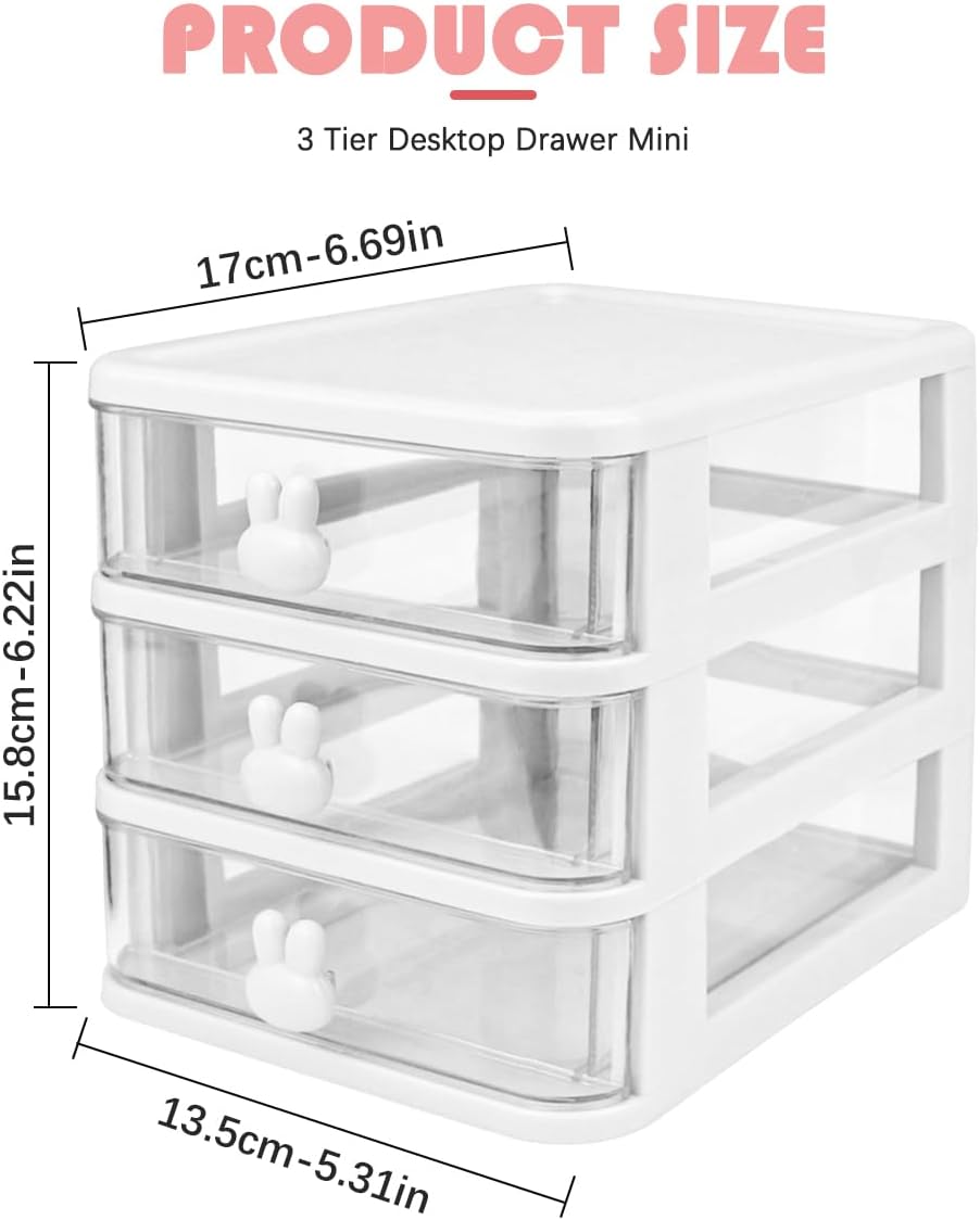 3 Layer Plastic Storage Drawer Bunny Transparent Cosmetic Organizer Rabbit Makeup Organizer Storage Container for Office School Home（White）