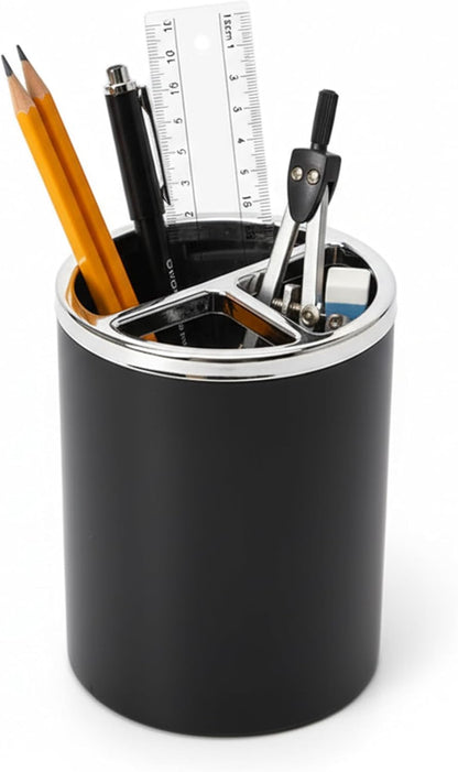Black Pen Holder for Desk | 3 Compartment Organizer Desk for Pen, Pecils, Makeup Brushes, Tooth Brushes | Cute Pencil Cup Desk Organizers and Accessories for Office, Home, Classroom, Teacher Desks