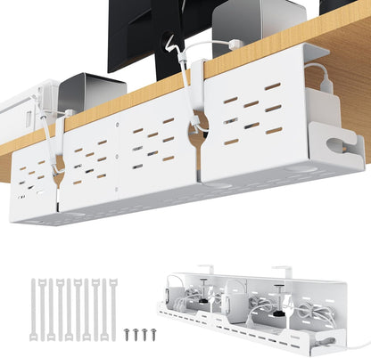 Univivi Under Desk Cable Management Tray - 32" Steel Cord Organizer, No-Drill C-Clamp & Screw Mount for Office/Home, Effortless Wire Management (Black)
