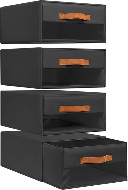 DIMJ Closet Organizers and Storage - Fabric Bins with Drawers for Closet Foldable Clothes Organizers with Clear Window, Stackable Storage Drawers Units for Bedroom, Living Room, 4-Pack, Grey