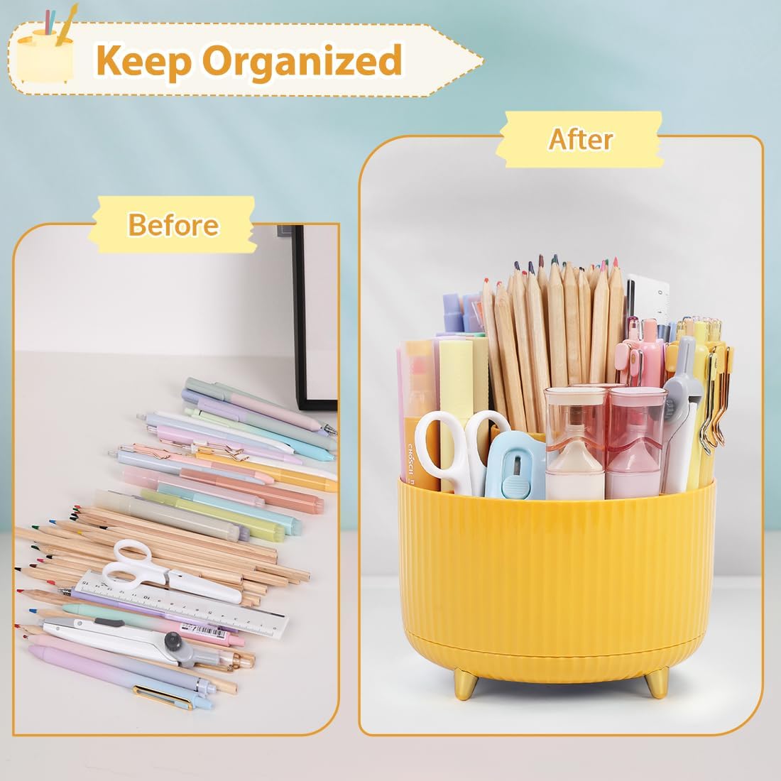 SKYDUE 360 Rotating Purple Pen & Art Supply Organizer - 5 Slot Desk Organizer for Office, School, Home