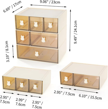Desktop Storage Drawers, Plastic Desk Organizer with 3 Drawers, Modular Stackable Toolbox Units for Office Stationary, Makeup Container, Bathroom Countertop (1 Tall Layer, Cream & Clear)
