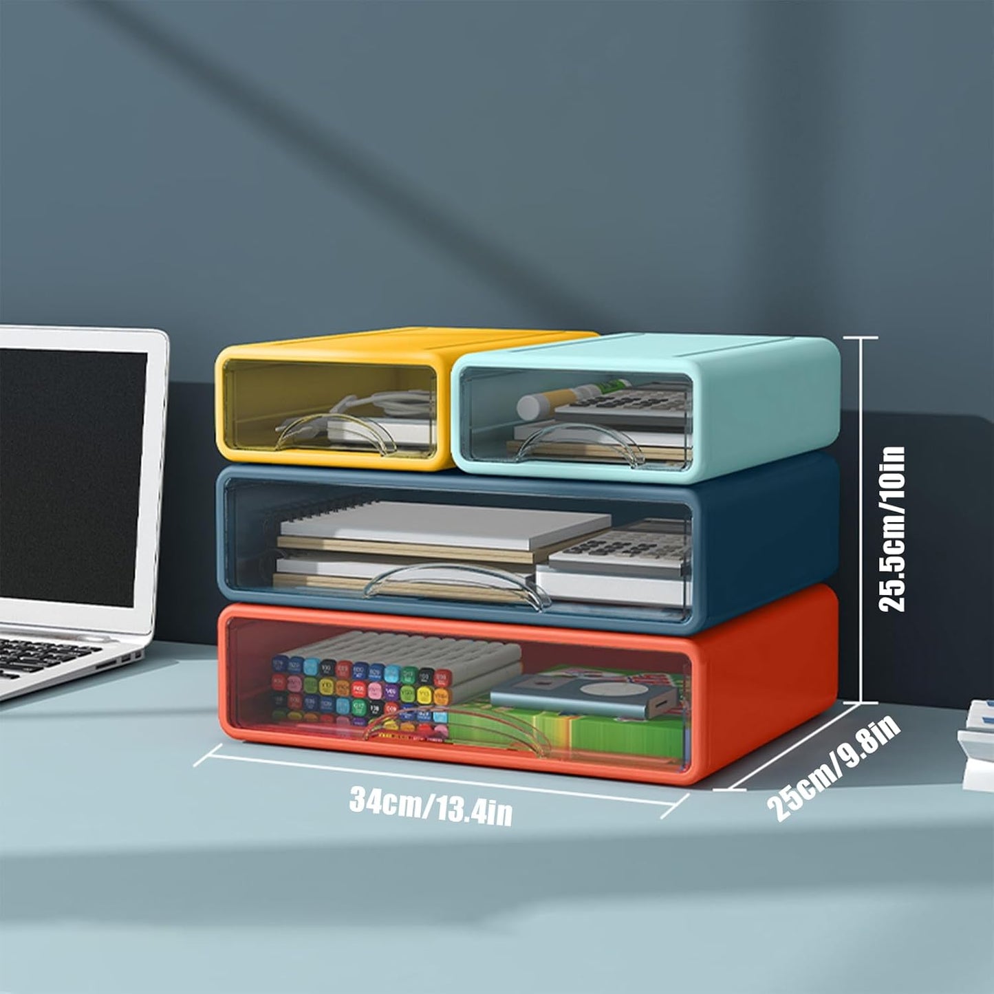 Desk Organizer with Drawers, Stackable Storage Drawers with Compartments Desktop Organization for Office Supplies, Makeup, Pencils, Tape, Erasers, Paperclips, Chargers (4 Pack)