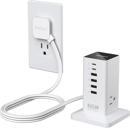 Charging Station for Multiple Devices, TESSAN 9-in-1 USB C Power Strip for iPhone 17/16/15, MacBook, Tablet, Desktop Phone Fast Charger with 3 AC, USB Charger, Home Drom Office Accessories, White-65W