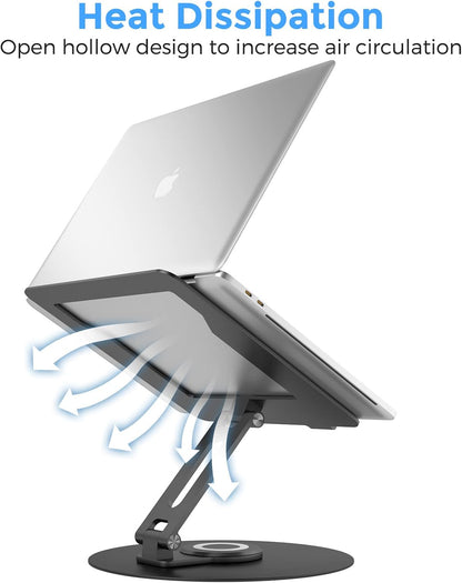 Swivel Laptop Stand for Desk, Adjustable Height Aluminum Computer Stand with 360 Rotating Base, Foldable Ergonomic Riser, Portable Laptop Holder Compatible with MacBook, All Laptops 10-17'', Grey