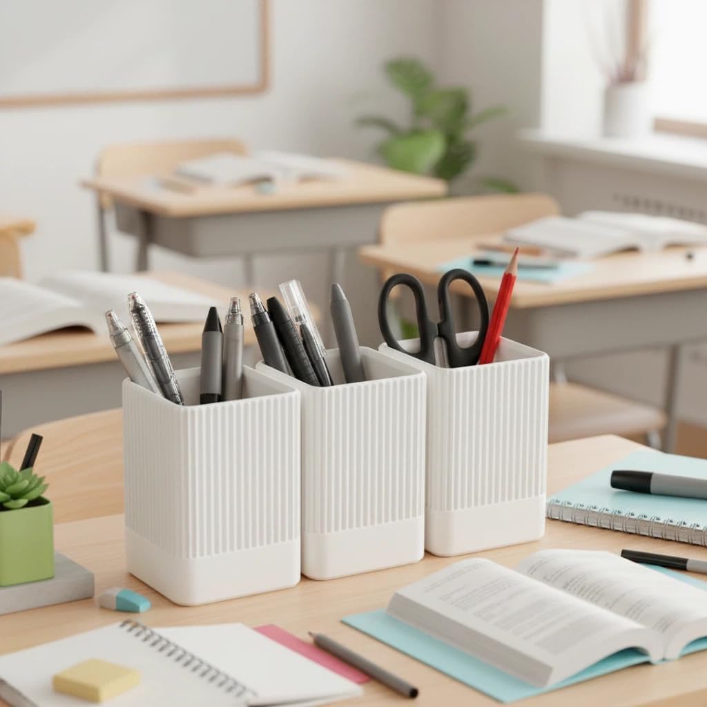 3 Pack Aesthetic Pen Holder for Desk-Sturdy Plastic Pencil Holder - Stylish Makeup Brushes Cup for Women Girls - Cute and Functional Desk Organizer for Office Supplies - Modern Office Decor Pen Cup