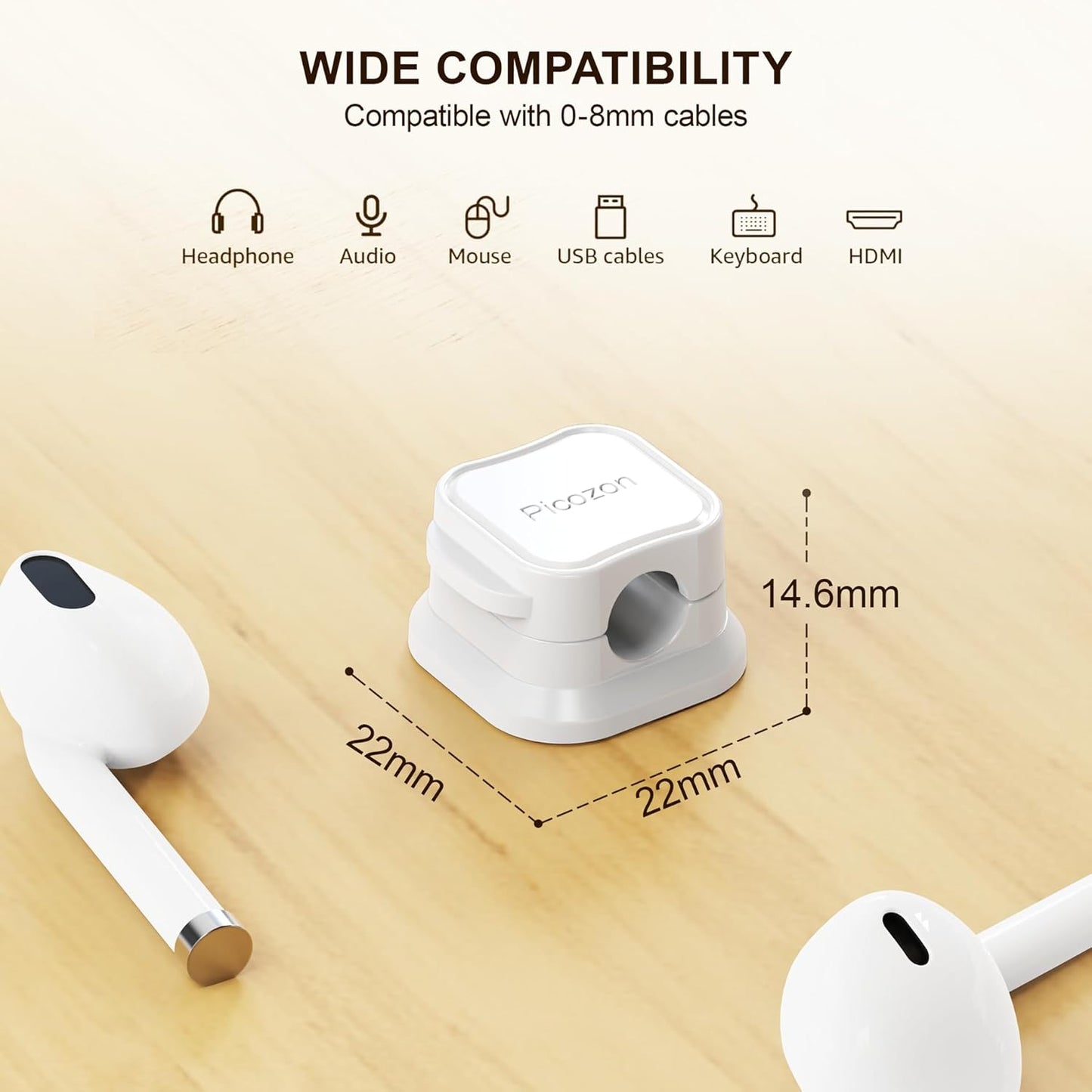 6 Pack Magnetic Cable Clip Organizer Cord Holder, Picozon Adhesive Cable Management, Wire Phone USB Charger Cable Holder, Keeper Organizer for Office Home Desktop Table - White