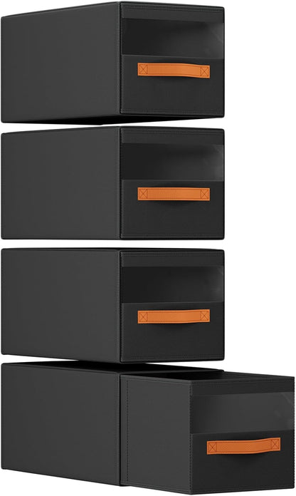DIMJ Closet Organizers and Storage - Fabric Bins with Drawers for Closet Foldable Clothes Organizers with Clear Window, Stackable Storage Drawers Units for Bedroom, Living Room, 4-Pack, Grey