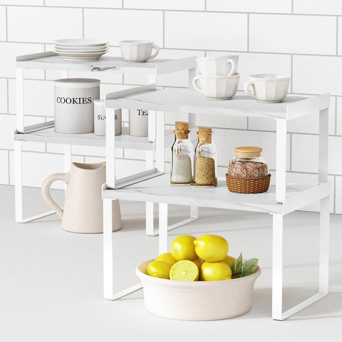 Goozii Kitchen Cabinet Organizer Shelf Set of 4, Large Stackable Pantry Cupboard Countertop Storage and Organizer, Desk Shelf Riser, Spice Plate Cup Expandable Storage Rack (Bamboo White)