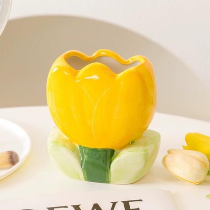 Pen Holder for Desk Cute Toothbrush Holder Tulips Vase Decor Aesthetic Pencil Holder for Office Makeup Brush Holder Yellow Kawaii Desk Accessories Home Decor Birthday Gifts for Women