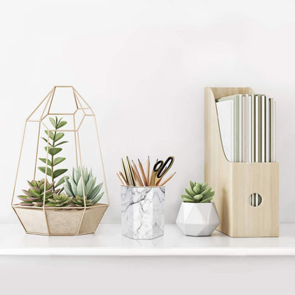 WAVEYU Ceramic Pen Holder for Desk Cute, Pencil Cup Pot Desk Organizer, Makeup Brush Holder for Women, Men, Kids, Desk Marble Decor for Office, Classroom, Home, Gray Golden