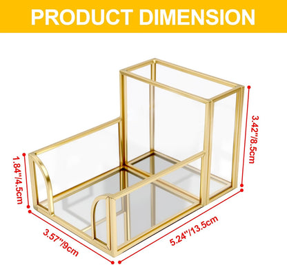 Sticky Note Holder,Glass Post It Note Dispenser with Pen Slot,Gold 3 x 3 Inch Post It Note Holder for Desk,Stylish Sticky Note Dispenser for Home Office Desk