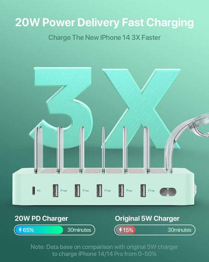 SooPii 60W 6-Port PD Charging Station for Multiple Devices, 20W PD USB C Fast Charging for lPhone 14/13/12,6 Short Cables Included, 2 in 1 Holder,for Phones,Tablets and Others…