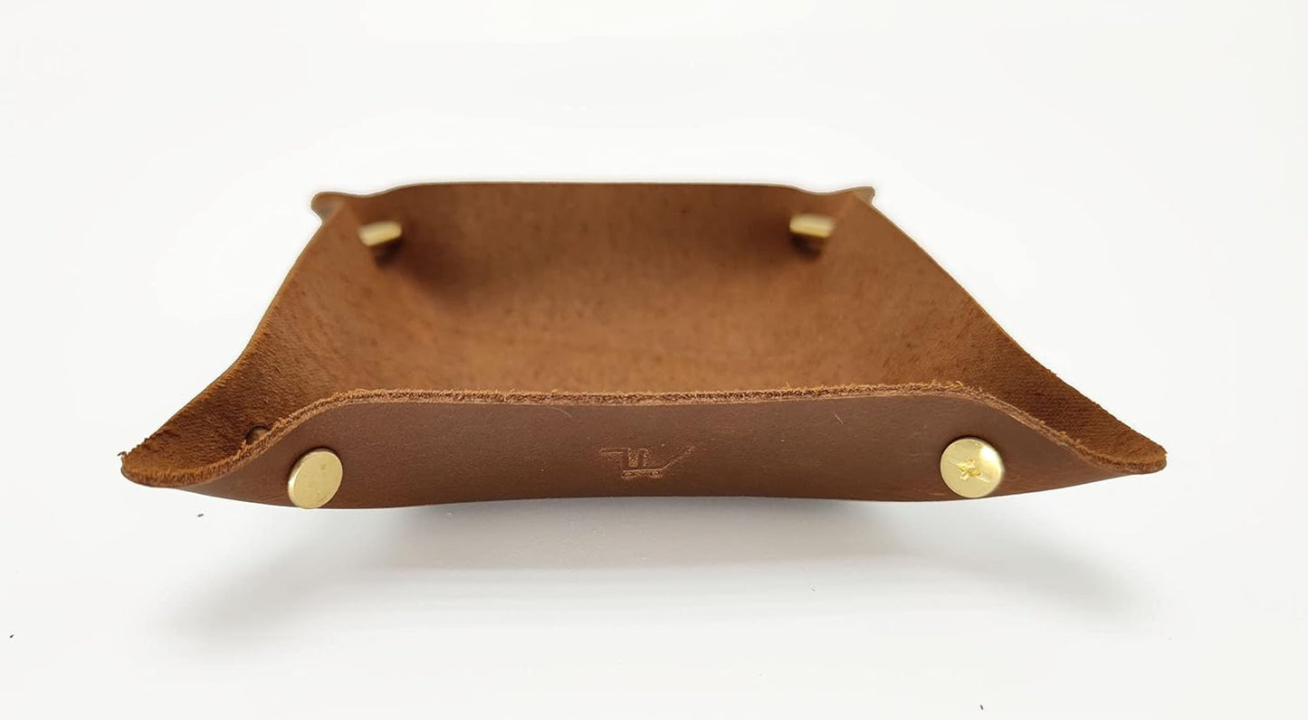 Leather Valet Tray Entryway Catchcall Tray Nightstand Organizer Storage for Wallets Watches Keys Holder Dish Bowl Coins Office Desk Accessory (Antique Brown-Oil Wax Leather).