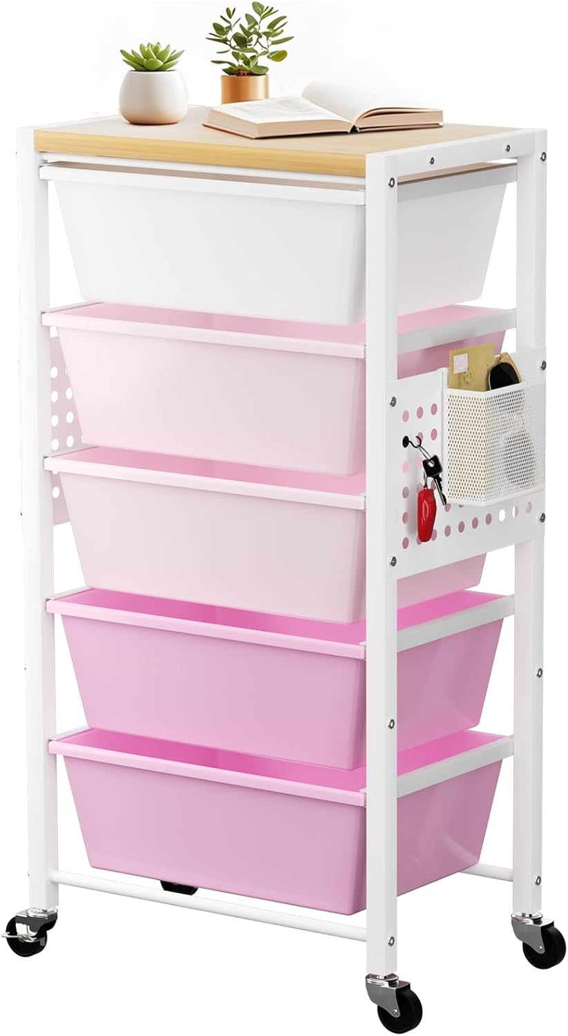 Rolling Cart with 3 Drawers, Plastic Drawer Storage Carts with Lockable Wheels & Wooden Tabletop, Metal Utility Cart Organizer, Office Bedroom Classroom Craft Organization and Storage, Bright White