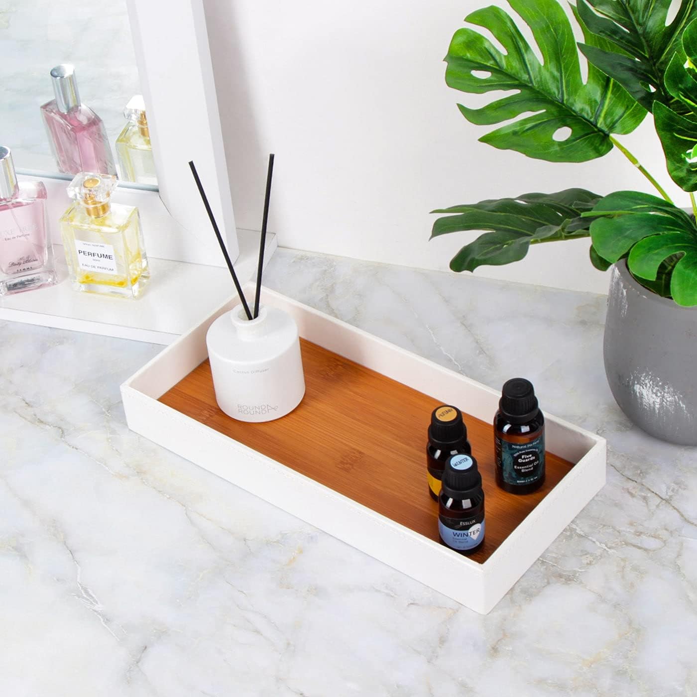 JACKCUBE Design Leather Valet Tray, Catchall Storage Women Vanity Nightstand Tray for Keys, Phones, Jewelry, Makeup, Perfume, Watches (Ivory) - MK1092B