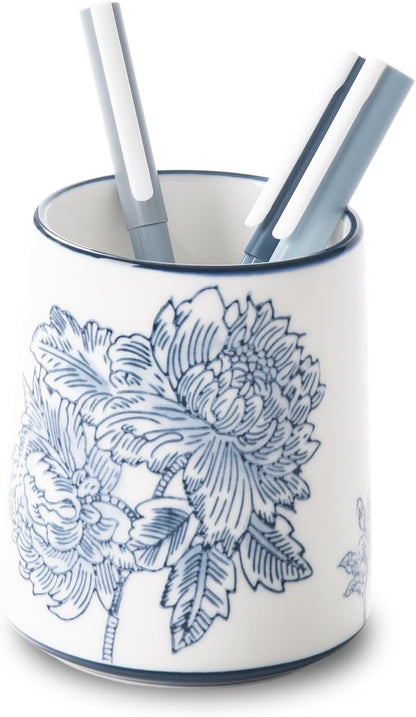 Pencil Holder for Desk, Ceramic Pen Holder, Blue and White Chinoiserie Desk Pen Organizer, Flowers and Branches