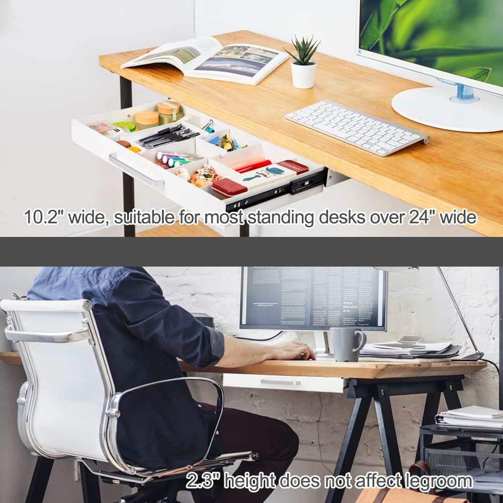 GOME Under Desk Slide out Pencil Drawer with Space Divider Design for Storing Pencil and Office Accessories, Underdesk Pull out Tray Organizer Mounted for Sit Stand Workstation