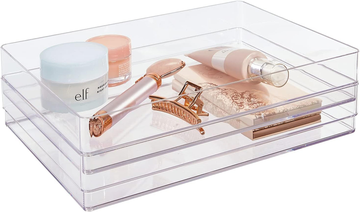 STORi SimpleSort 3-Piece Stackable Clear Drawer Organizer Set | 9" x 6" x 2" Rectangle Trays | Wide Makeup Vanity Storage Bins and Office Desk Drawer Dividers | Made in USA
