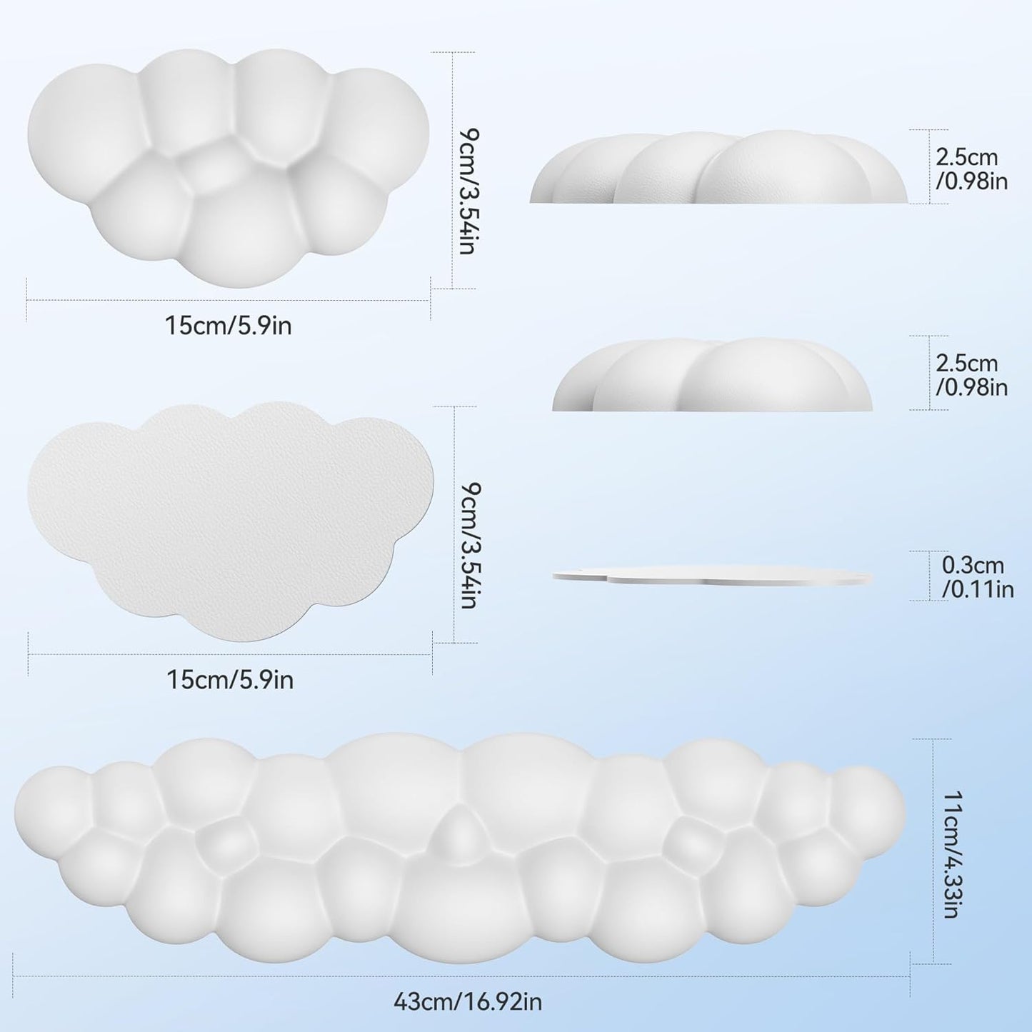 TECKNET Cloud Keyboard Wrist Rest Set, Cloud Wrist Rest with Non-Slip Base, PU Leather Wrist Pad for Keyboard with Ergonomic Memory Foam for Computer Laptop Office Gaming and Pain Relief, White