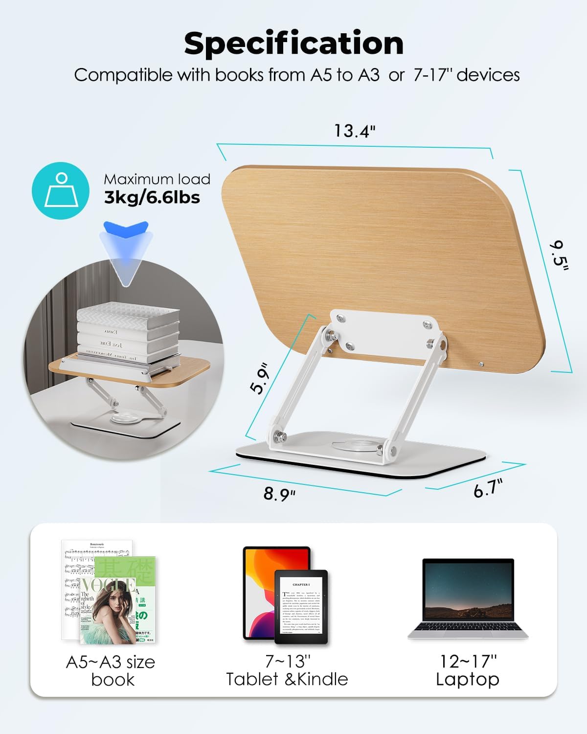 Viozon Book Stand for Reading,Book Holder, Height&Angle Adjustable, 360° Rotating Base, Foldable and Portable, Lightweight for Office, Kitchen, School Textbook, Recipe, Magazine,Kindle,Tablet DW